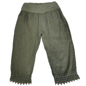Viola Borghi Made in Italy Linen Relaxed Fit Capris with Lace Hem - Sz M
